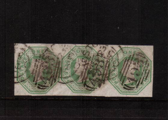 view larger image for SG 55 (1847) - Embossed - 1/- Green<br/>
A superb strip clearly showning on each stamp the Die ''WW2'' with huge margins cancelled with three strikes of a MAIDSTONE ''493'' sideways duplex.<br/>Strips are rare in this quality. SG Cat singles £3300<br/><b>J2016