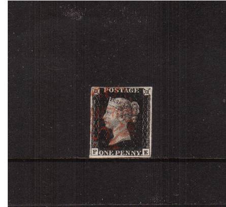 view larger image for SG 2 (1840) - 1d Black from Plate 6 lettered ''F-E''<br/>
A lovely four  margined stamp cancelled with a light Red Maltese Cross cancel.

<br/><b>J2016-1840</b>