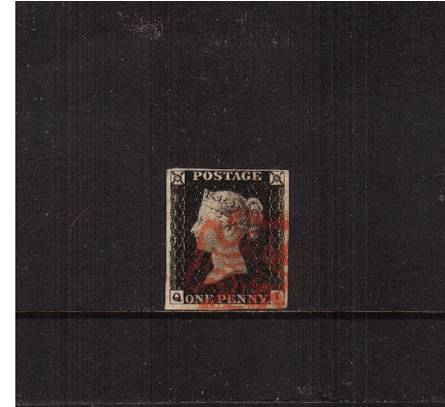 view larger image for SG 2 (1840) - 1d Black from Plate 2 lettered ''Q-I''<br/>
A lovely four large margined stamp cancelled with a  Red Maltese Cross cancel.

<br/><b>J2016-1840</b>
