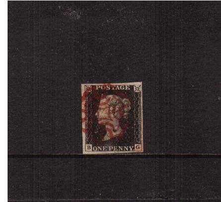 view larger image for SG 2 (1840) - 1d Black from Plate 8 lettered ''B-G''<br/>
A lovely four large margined stamp cancelled with a light Reddish Brown Maltese Cross cancel.

<br/><b>J2016-1840</b>