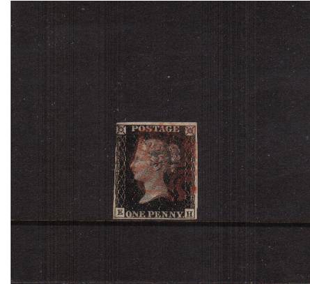 view larger image for SG 2 (1840) - 1d Black lettered ''E-H''<br/>
An almost four margined stamp cancelled with a light Red cancel.

<br/><b>J2016-1840</b>