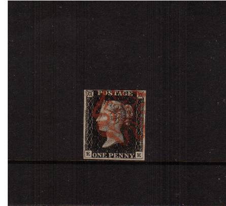 view larger image for SG 2 (1840) - 1d Black from Plate 2 lettered ''E-E''<br/>
A fine four margined stamp cancelled with a bright Red cancel 

<br/><b>J2016-1840</b>