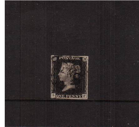 view larger image for SG 2 (1840) - 1d Black from Plate 10 lettered ''S-F''<br/>
A four margined stamp with tiny cut at ''S'' square showing a good  ''guideline through value'' cancelled with an indistinct Black Maltese Cross cancel <br/>
SG Cat £950

