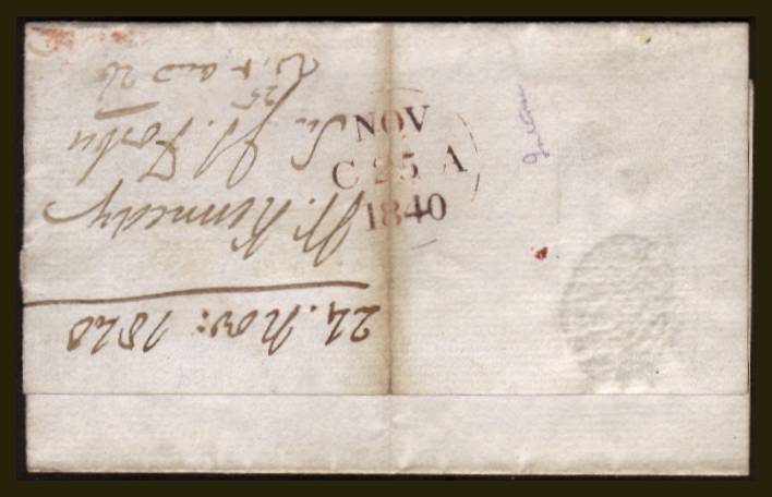view larger back view of image for 1d Black (Intense) from Plate 5 lettered ''A-D'' with four very good margins (huge at top) on a small part local entire cancelled with a bright red Maltese Cross. Backstamped NOV 25 1840. SG Spec Cat AS24. SG Cat £775