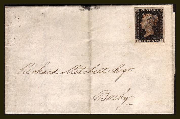 view larger front view of image for 1d Black from PLate 4 lettered ''F-A'' with three, nearly four margins cancelled with a feint Red Maltese Cross on a small entire backstamped GLASGOW 28 NOV 1840 to BUSBY (just south of Glasgow) SG SPEC Cat AS23 SG Cat £775
