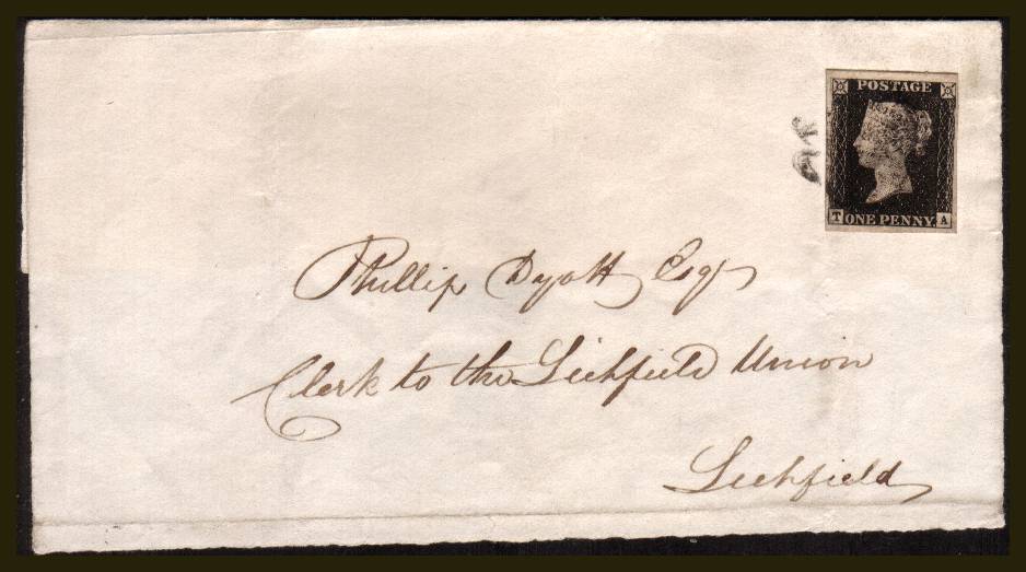 view larger front view of image for 1d Black from Plate 4 lettered ''T-A'' with four large margins on a part entire cancelled with a Black Maltese Cross to Clerk of the Lichfield Mansion, Lichfield backstamped RUGELEY AP 22 1841