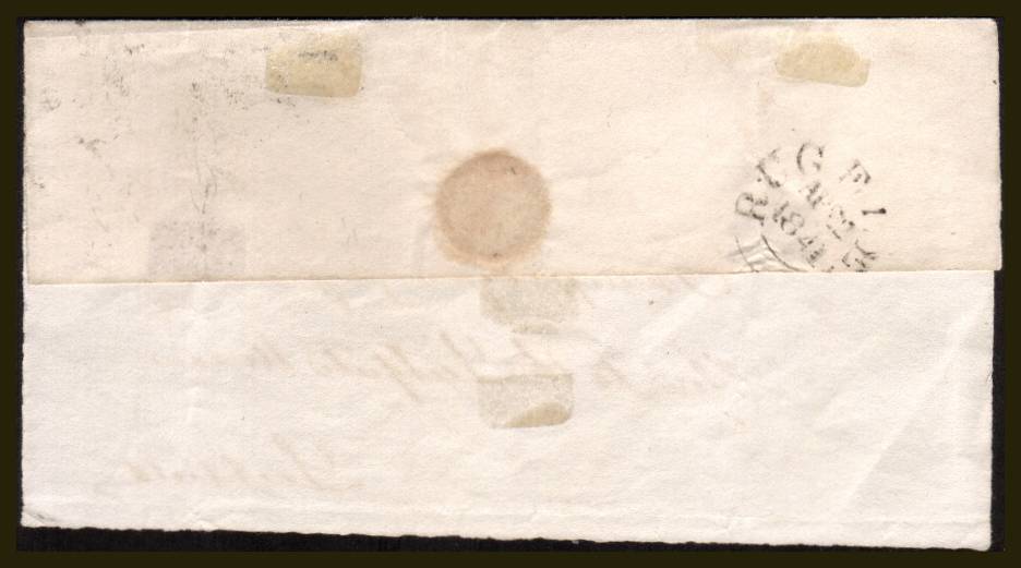view larger back view of image for 1d Black from Plate 4 lettered ''T-A'' with four large margins on a part entire cancelled with a Black Maltese Cross to Clerk of the Lichfield Mansion, Lichfield backstamped RUGELEY AP 22 1841