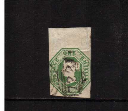view larger image for SG 55 (1847) - Embossed - 1/- Green.<br/>A top marginal stamp design clear on two sides and sligtly cut into at right. An unusually lage stamp however. SG Cat £800