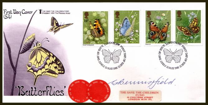 view larger back view image for Butterflies set of four on an unaddressed PHILART - SAVE THE CHILDREN FUND - No 54 FDC cancelled with a LONDON W.1 FDI cancel dated 13 MAY 1981 AUTOGRAPHED by the stamp designer G. BENNINGFIELD.