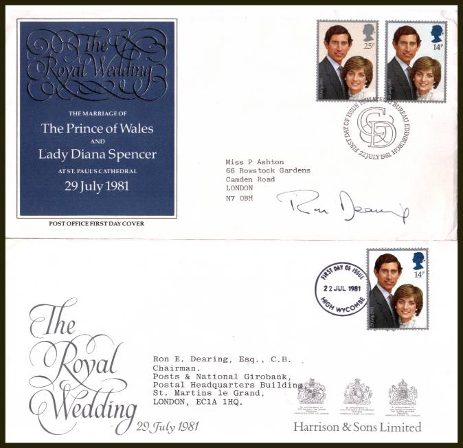 view larger back view image for Royal Wedding - Charles and Diana set of two on an addressed
Post Office 
FDC cancelled with a PHILATELIC BUREAU - EDINBURGH handstamp autographed by RON DEARING (PO Chairman) plus an FDC from HARRISON & SONS to him


both   dated 22 JUL 1981. Unique