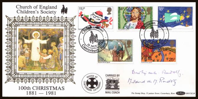 view larger back view image for Christmas set of five on an unaddressed  Benham FDC cancelled with two strikes of the CHILDREN FIRST - CANTERBURY - KENT dated 18 NOV 81. The cover has been autographed by MILDRED & DOROTHY RUDOLF daughter of founder of society.    BOCS(2)8


