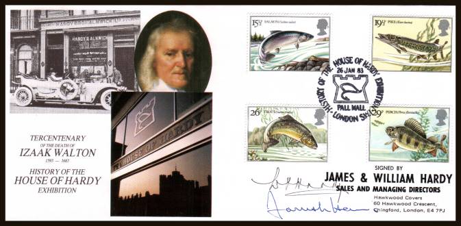 view larger back view image for British River Fishes set of four on an unaddressed OFFICIAL ''HOUSE OF HARDY'' autographed 

FDC cancelled with a HOUSE OF HARDY - LONDON - SW1 handstamp  dated 26 JANUARY 1983. Backstamped 11 of 32 FDCs. A very rare cover.