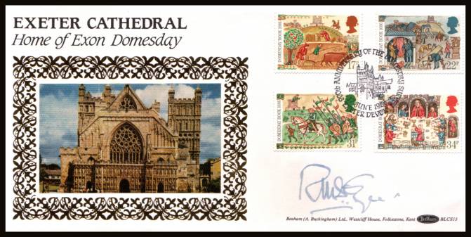view larger back view image for Medieval Life - Domesday Book set of four on an unaddressed Benham ''Silk'' FDC cancelled with a strike of the 900th ANNIVERSARY OF THE DOMESDAY BOOK - EXETER - DEVON handstamp dated 17 JUNE 1986. BLCS13 autographed by the Dean of Exeter cathedral.
