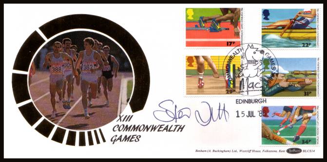 view larger back view image for Sport - Commonwealth Games set of five on an unaddressed Benham ''Silk'' FDC cancelled with a  COMMONWEALTH GAMES - MAC - EDINBURGH handstamp dated 15 JUL '86. Autographed by STEVE OVETT Olympic Gold Medal Winner.

BLCS14