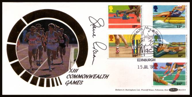 view larger back view image for Sport - Commonwealth Games set of five on an unaddressed Benham ''Silk'' FDC cancelled with a COMMONWEALTH GAMES - MAC - EDINBURGH handstamp dated 15 JUL '86. The cover has been autographed by STEVE CRAM Gold Medal Winner.

BLCS14