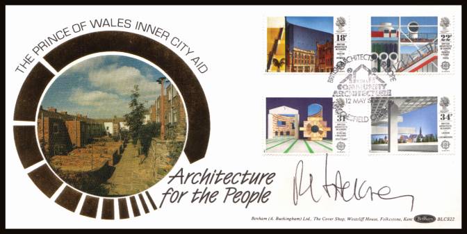 view larger back view image for EUROPA - Architects in Europe set of four on an unaddressed Benham ''Silk''  FDC cancelled with a BRITISH ARCHITECTS IN EUROPE - MACCLESFIELD - CHESHIRE handstamp dated 12 MAY 1987. The cover has been autographed by Dr. Rod Hackney, President of RIBA.