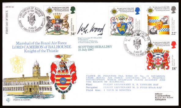 view larger back view image for Scottish Heraldry set of four on an addressed RAF Museum  FDC cancelled with a BRITISH FORCES POSTAL SERVICES 2144 handstamp dated 21 JUL 87. Autographed by WING COMMANDER W.G.WOOD OBE and backstamped ''certificed copy No. 0694 of 1400'' RFDC56