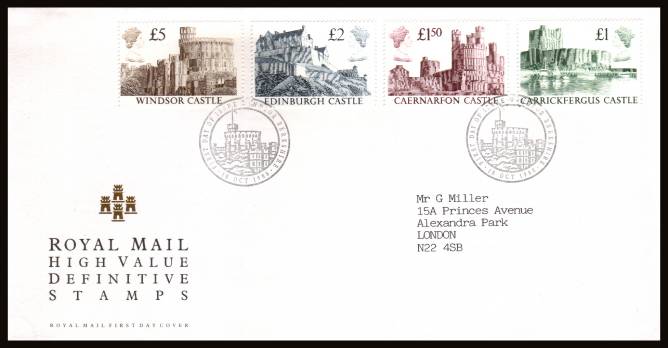 view larger back view image for Castles ''WHITE HEAD''
High Values set of four on a neatly typed addressed official Royal Mail FDC cancelled with the 
WINDSOR - BERKSHIRE
handstamp  dated 18 OCT 1988.