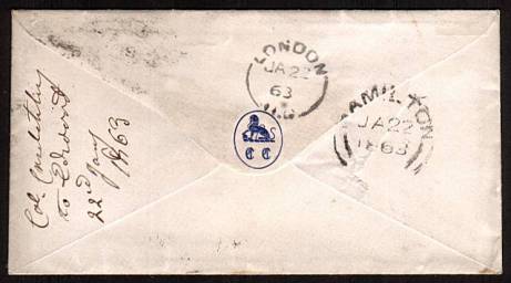 view larger back view of image for 6d Deep Lilac cancelled with a LONDON S.W. 25 duplex dated JA 8 63 addressed to LONDON - CANADA WEST !! Backstamped HAMILTON JA 22 1863. A superb bright and fresh, small neat envelope! Superb!