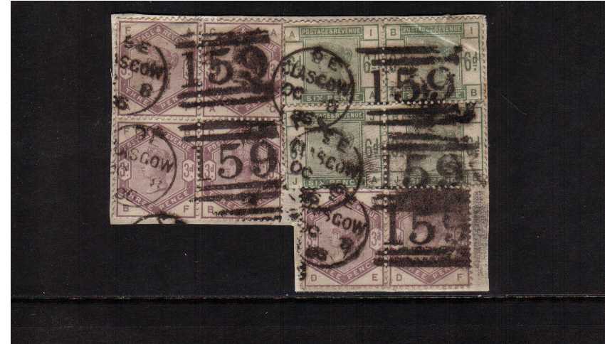 view larger image for SG 191 194 (1884) - An amazing piece bearing six 3d Lilac's (a pair and a block of four) and a block of four 6d Dull Green's. SG total Cat £1495