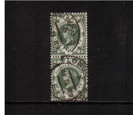 view larger image for SG 211 (1887) - 1/- Deep Green. A truly astonishing DEEP shade of the green unlisted by SG. A superb fine used vertical pair with near full gum (!) cancelled with two light LONDON 'hooded circle' cancels dated JU 8 89. A rare shade!