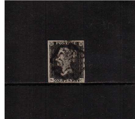 view larger image for SG 2 (1840) - 1d Black from Plate 2 lettered 'N-C'<br/>A fine four margined stamp in the Grey-Black shade cancelled with a BLACK Maltese Cross. Pretty!<br/>SG AS16m Cat £650++