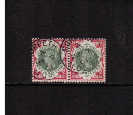view larger image for SG 214 (1900) - 1/- Green and Carmine a stunning fine used pair cancelled with two crisp railway CDS's for MORPETH M.O.&S.B. dated MR 7 01. A gem pair!