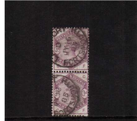 view larger image for SG 191 (1884) - 3d Lilac superb fine used vertical pair lettered 'B-F' and 'C-F' cancelled with two slightly smudged PORTSMOUTH CDS's dated JY 16 85<br/>
SG Cat £200