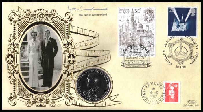 view larger back view image for Edward 8th commemorative coin cover containing a GIBRALTAR crown cancelled 25 years to the day of his funeral. Autographed  by THE EARL OF WESTMORLAND. Note: Cover is printed to look aged and grubby!! With BENHAM guarantee certificate - 7500 produced