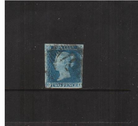 view larger image for SG 14 (1841) - 2d Blue from Plate 4 lettered 'O-I'<br/>A (just) four margined stamp close at SE corner reasonably lighty cancelled.