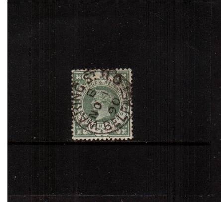 view larger image for SG 211 (1887) - 1/- Green in an amazing deep shade cancelled with a central steel for WARING St. B.O. - BELFAST dated NO 1 90. A truly stunning stamp in this quality.  
<br/><b>XZX</b>