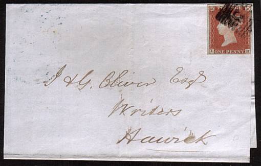 view larger front view of image for 1d Red four margined Imperforate single lettered ''I-H'' on a small neat part entire to HAWICK with cancel well clear of corner letters.<br/><b>XZX</b>