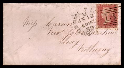 view larger front view of image for 1d Red ''Stars'' lettered ''S-B'' on a small neat complete envelope cancelled with  POSTED AFTER 7 EDINBURGH handstamp cancelled JN 12 59<br/><b>XZX</b>