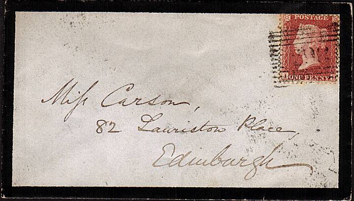 view larger front view of image for 1d Red lettered ''Stars'' lettered ''I-H'' on a small neat complete envelope cancelled with a ROTHESAY (current population 4850) to EDINBURGH dated AP 12 1858



<br/><b>XZX</b>