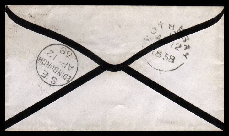 view larger back view of image for 1d Red lettered ''Stars'' lettered ''I-H'' on a small neat complete envelope cancelled with a ROTHESAY (current population 4850) to EDINBURGH dated AP 12 1858



<br/><b>XZX</b>