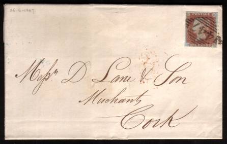 view larger front view of image for 1d Red lettered ''A-D'' on blued paper with four good margins cancelled with an Irish ''447'' for WESTPORT on complete fresh entire to CORK backstamped 26 JU 1847. A stunning cover rare so fresh!<br/><b>XZX</b>