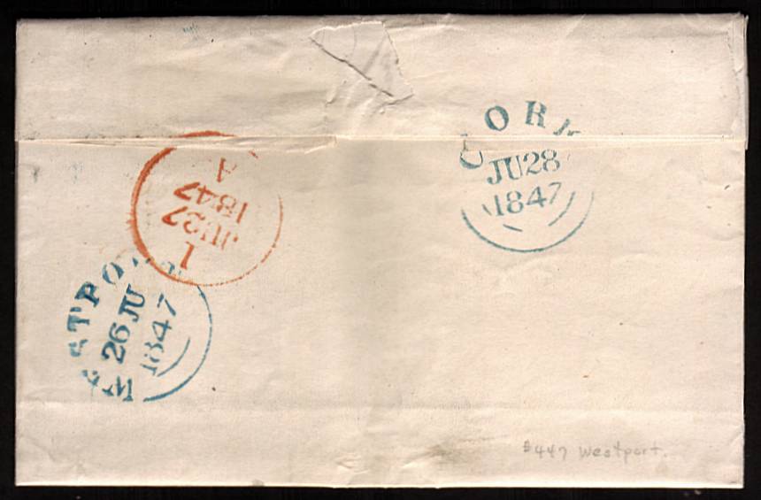 view larger back view of image for 1d Red lettered ''A-D'' on blued paper with four good margins cancelled with an Irish ''447'' for WESTPORT on complete fresh entire to CORK backstamped 26 JU 1847. A stunning cover rare so fresh!<br/><b>XZX</b>