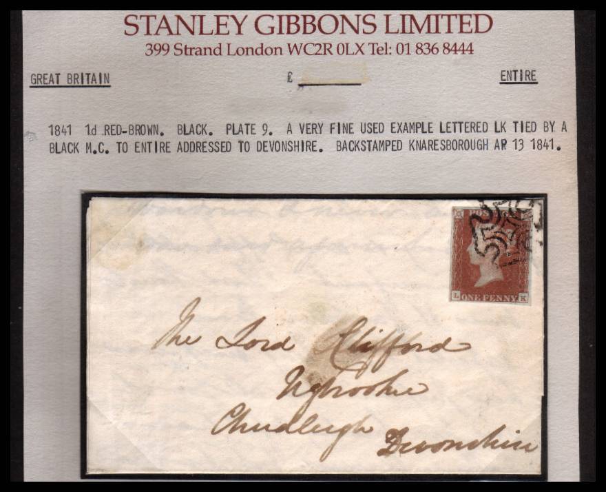 view larger front view of image for 1d Red- Brown from Black Plate 9 with four margins on SG Stockcard lettered ''L-K'' cancelled with a crisp Black Maltese Cross in entire from KNARESBOROUGH to CHUDLEIGH - DEVON dated AP 13 1841. Stunning! SG Cat £325
<br/><b>XZX</b>