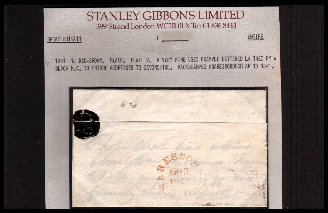 view larger back view of image for 1d Red- Brown from Black Plate 9 with four margins on SG Stockcard lettered ''L-K'' cancelled with a crisp Black Maltese Cross in entire from KNARESBOROUGH to CHUDLEIGH - DEVON dated AP 13 1841. Stunning! SG Cat £325
<br/><b>XZX</b>