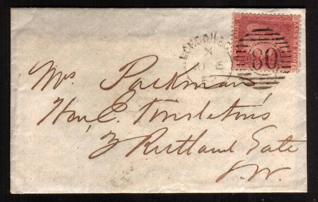 view larger front view of image for 1d Red ''Stars'' lettered ''J-H'' on a tiny complete envelope with contents cancelled with a LONDON E.C. Duplex dated JU 6 62 to RUTLAND GATE - LONDON 
<br/><b>XZX</b>