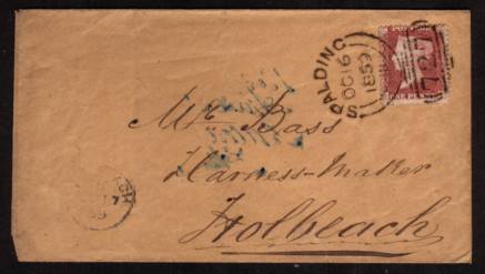 view larger front view of image for 1d Deep Red-Brown lettered ''R-J'' on a small envelope cancelled with a crisp, firm SPALDING Sideways Duplex dated OC 16 1859 on local cover to Mr Bass Harness Maker HOLBEACH
<br/><b>XZX</b>