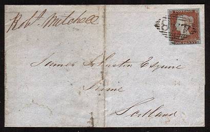 view larger front view of image for 1d Pale Red-Brown with four large margins lettered ''P-G'' on entire cancelled with an Irish ''448'' for WEXFORD to IRVINE in Scotland dated AP 18 1848. <br/><b>XZX</b>