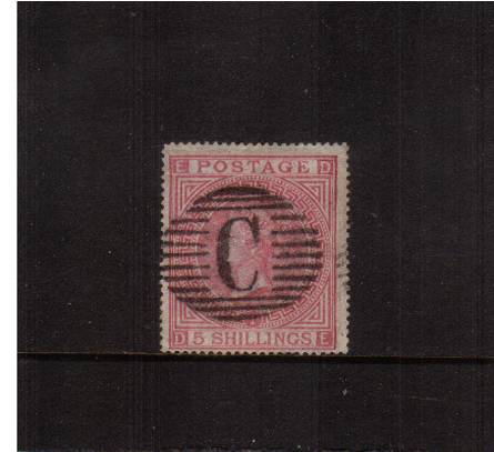 view larger image for SG 126 (1867) - 5/- Rose from Plate 1 lettered ''D-E''<br/>Cancelled with a near complete upright ''C'' for CONSTANTINOPLE. A lovely bright stamp with good perforations.  
<br/><b>QQC</b>