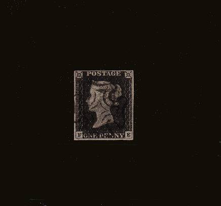 view larger image for SG 2 (1840) - 1d Blacks from Plate 2 lettered ''F-E''<br/>
A lovely four margined stamp with a crisp impression cancelled with a light crisp Black Maltese Cross. So pretty!
<br/><b>QQC</b>
