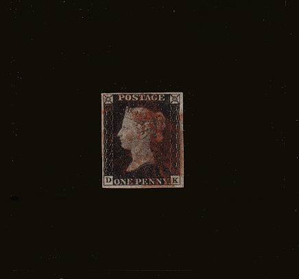 view larger image for SG 2 (1840) - 1d Black from Plate 2 lettered ''D-K''<br/>
A fine four margined stamp lightly cancelled with a Red Maltese Cross.<br/><b>QQC</b>