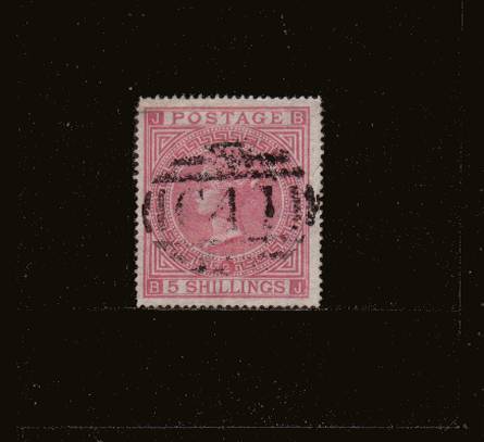 view larger image for SG 126 (1874) - 5/- Rose (rich shade) from Plate 2 lettered ''B-J''<br/>
A fine used stamp cancelled with an upright ''C41'' handstamp for GUAYAQUIL - ECUADOR. SG Cat £1500
<br/><b>QQC</b>