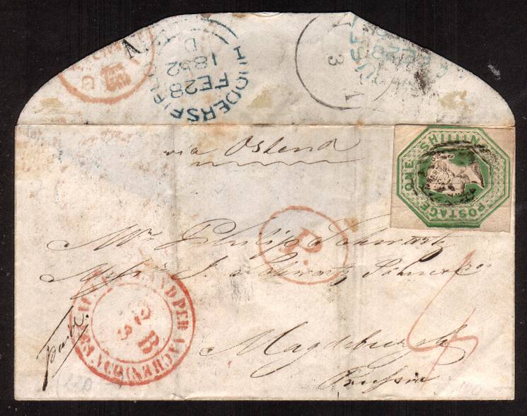 view larger front view of image for 1/- Green<br/>
A four margined 1/- Geen on a small, neat complete envelope from HUDDERSFIELD to PRUSSIA dated FE 28 1852. SG Cat for cover £1900 
<br/><b>QBQ</b>