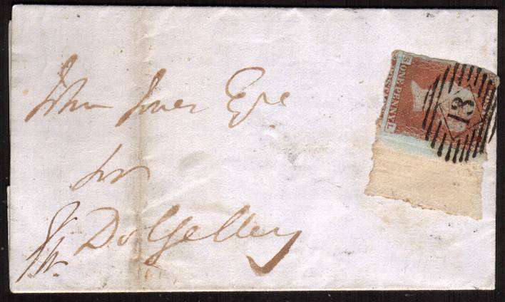 view larger front view of image for 1d Red Imperf lettered ''S-L''<br/>cancelled with a LONDON ''13'' for STRATFORD dated MY 3 1847 to CORWEN in Wales. Very, very unusually the stamp was torn from the sheet and shows full deckle edge margin. Find another!
<br/><b>QBQ</b>