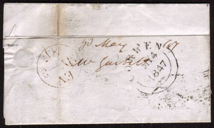 view larger back view of image for 1d Red Imperf lettered ''S-L''<br/>cancelled with a LONDON ''13'' for STRATFORD dated MY 3 1847 to CORWEN in Wales. Very, very unusually the stamp was torn from the sheet and shows full deckle edge margin. Find another!
<br/><b>QBQ</b>