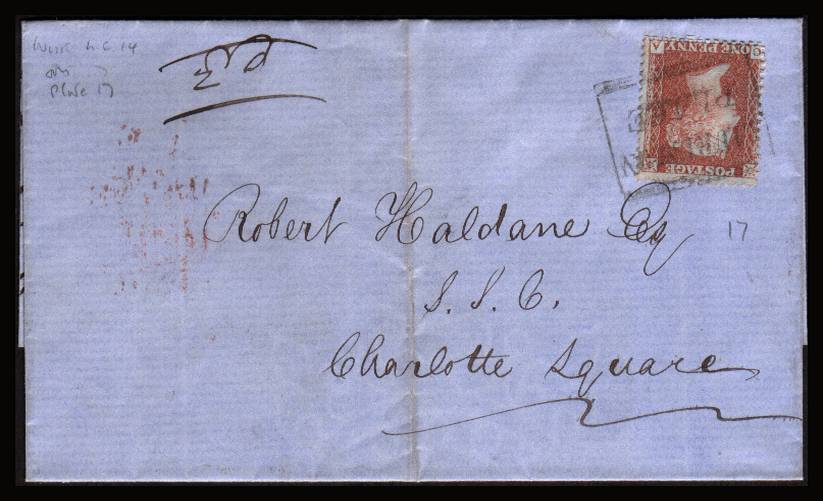 view larger front view of image for 1 ''Stars'' Lettered ''C-A''<br/>
A lovely stamp cancelled with a Scottish local cancel for LAURISTON PLACE tied to local entire dated AUG 1856. Scarce cancel!
<br/><b>QBQ</b>